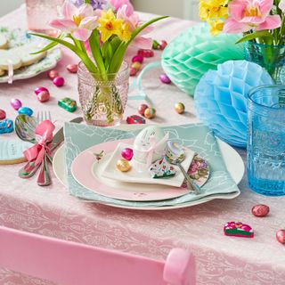 Pretty place setting on a colourful Easter tablescape
