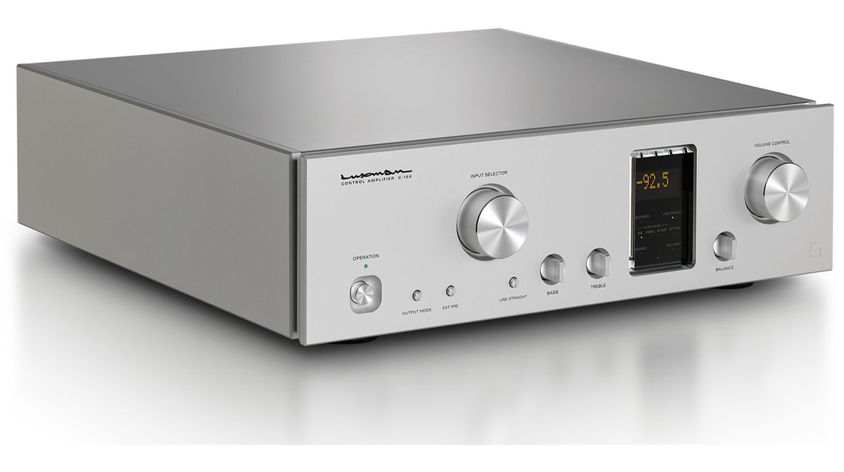 Luxman C-10X preamp slight side-on white background 