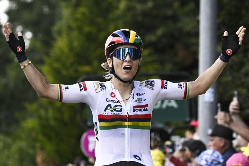 AG Insurance - Soudal Team&#039;s Mauritius rider Kimberley Le Court Pienaar cycles to the finish line to win the 5th stage (out of 9) of the fourth edition of the Women&#039;s Tour de France cycling race, 165.8 km from Chasseneuil-du-Poitou to Gueret, in Gueret, central France on July 30, 2025. (Photo by JULIEN DE ROSA / AFP) (Photo by JULIEN DE ROSA/AFP via Getty Images)
