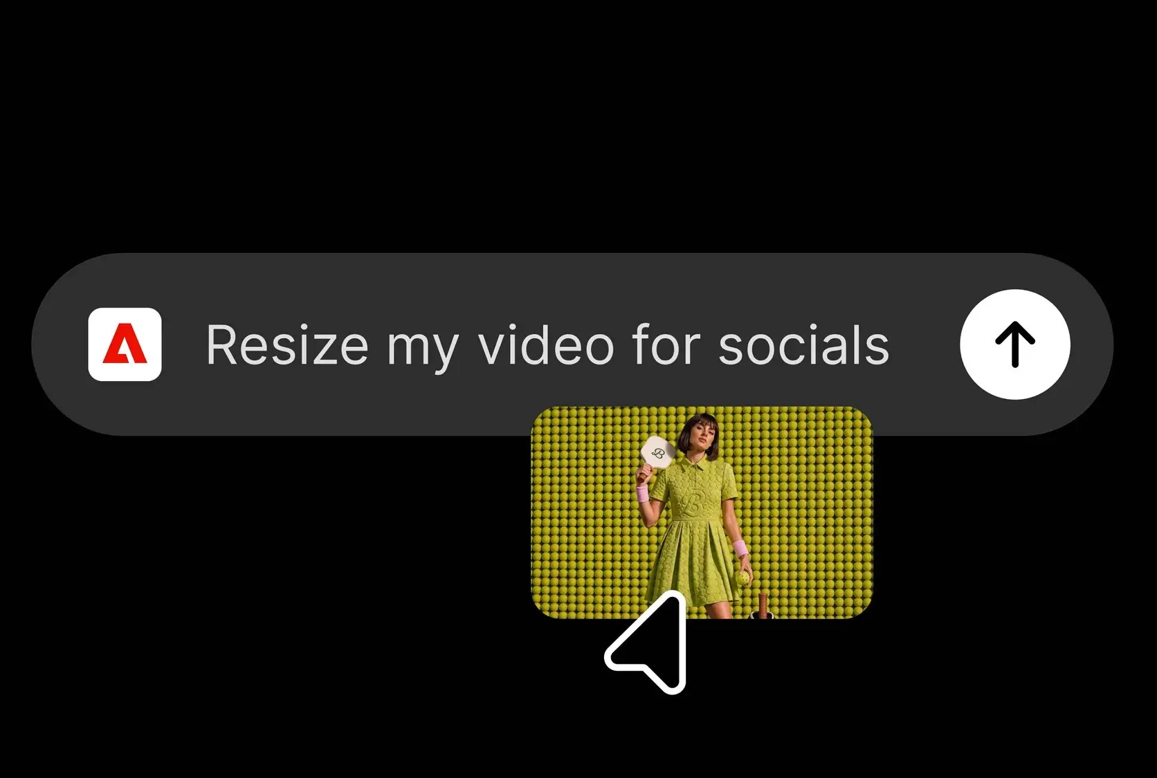 Screenshot of the Adobe plugin in ChatGPT showing the prompt "Resize my video for socials" alongside a vertical video thumbnail of a woman in a green dress holding a pickleball paddle.