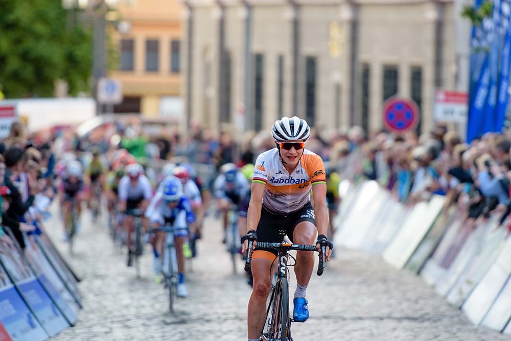 Marianne Vos (Rabo Liv) wins the opening stage at Th&uuml;ringen Rundfarht 2016. Stage 1