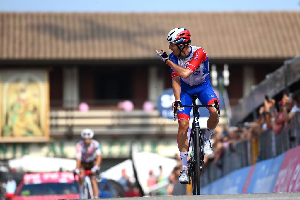 SANTUARIO DI CASTELMONTE ITALY MAY 27 Attila Valter of Hungary and Team Groupama FDJ reacts crossing the finish line during the 105th Giro dItalia 2022 Stage 19 a 178km stage from Marano Lagunare to Santuario di Castelmonte 577m Giro WorldTour on May 27 2022 in Santuario di Castelmonte Italy Photo by Tim de WaeleGetty Images