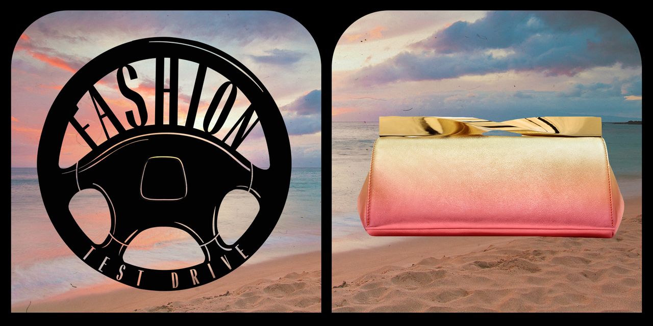 Graphic of Fashion Test Drive franchise featuring Aquazzura&#039;s Twist Clutch on a beach background.