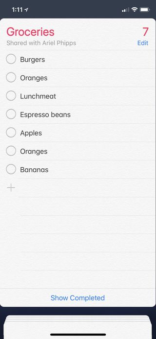 Screenshot of a reminders list once the text is split