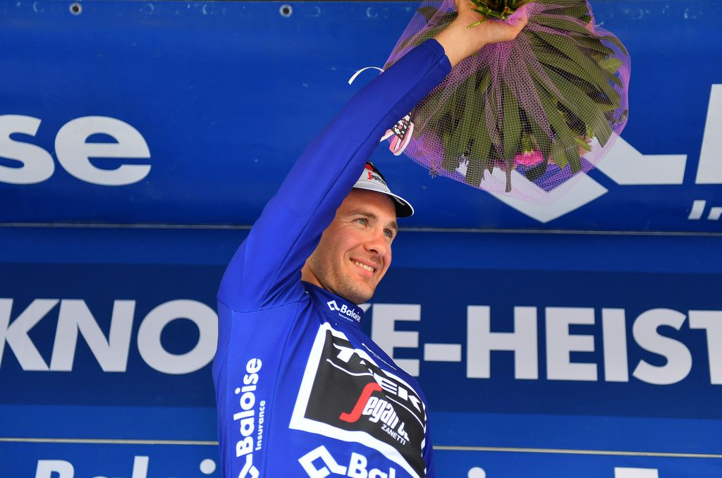 Edward Theuns (Trek-Segafredo) waves from the podium