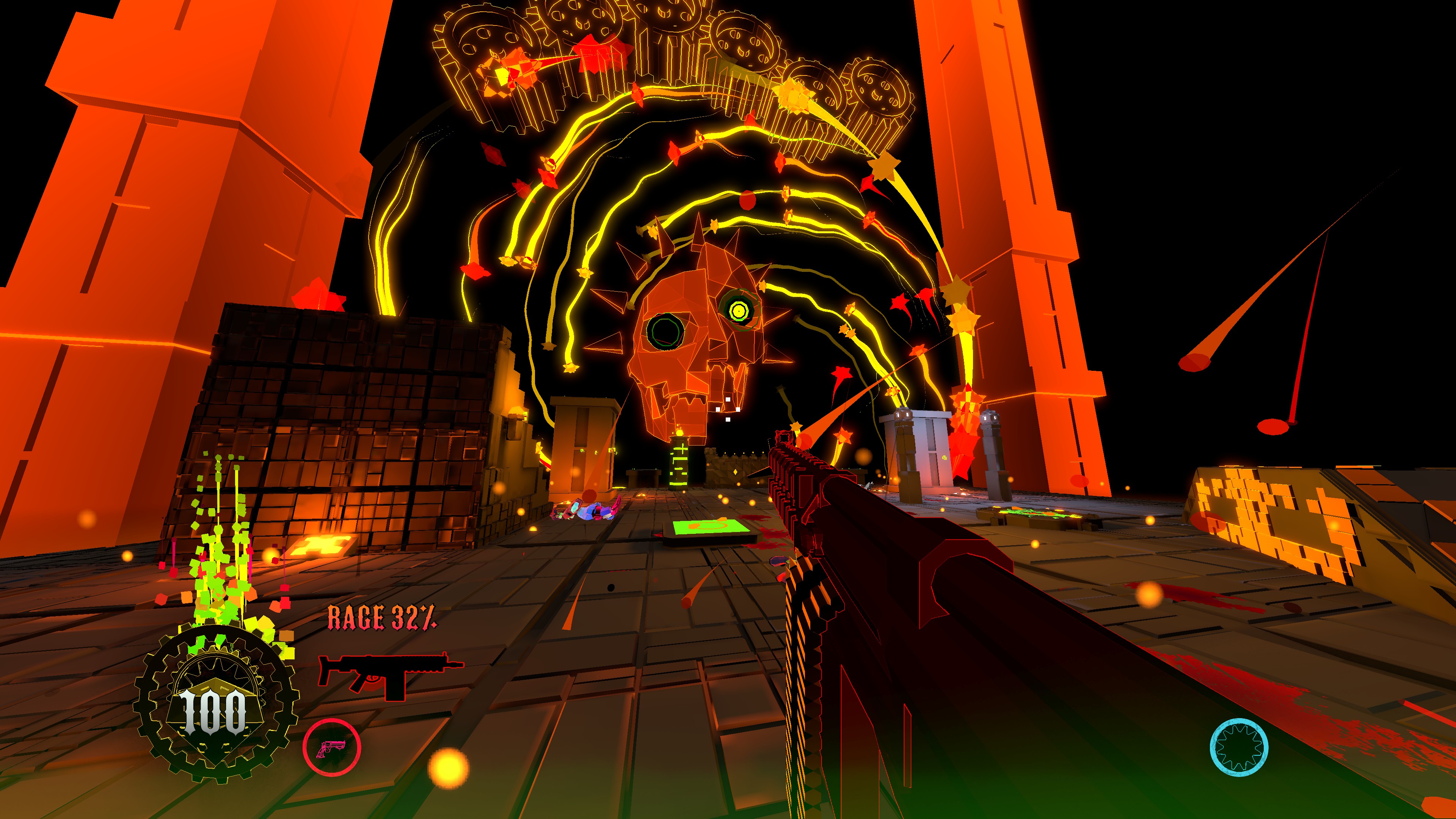player view of massive skull floating over gameplay arena