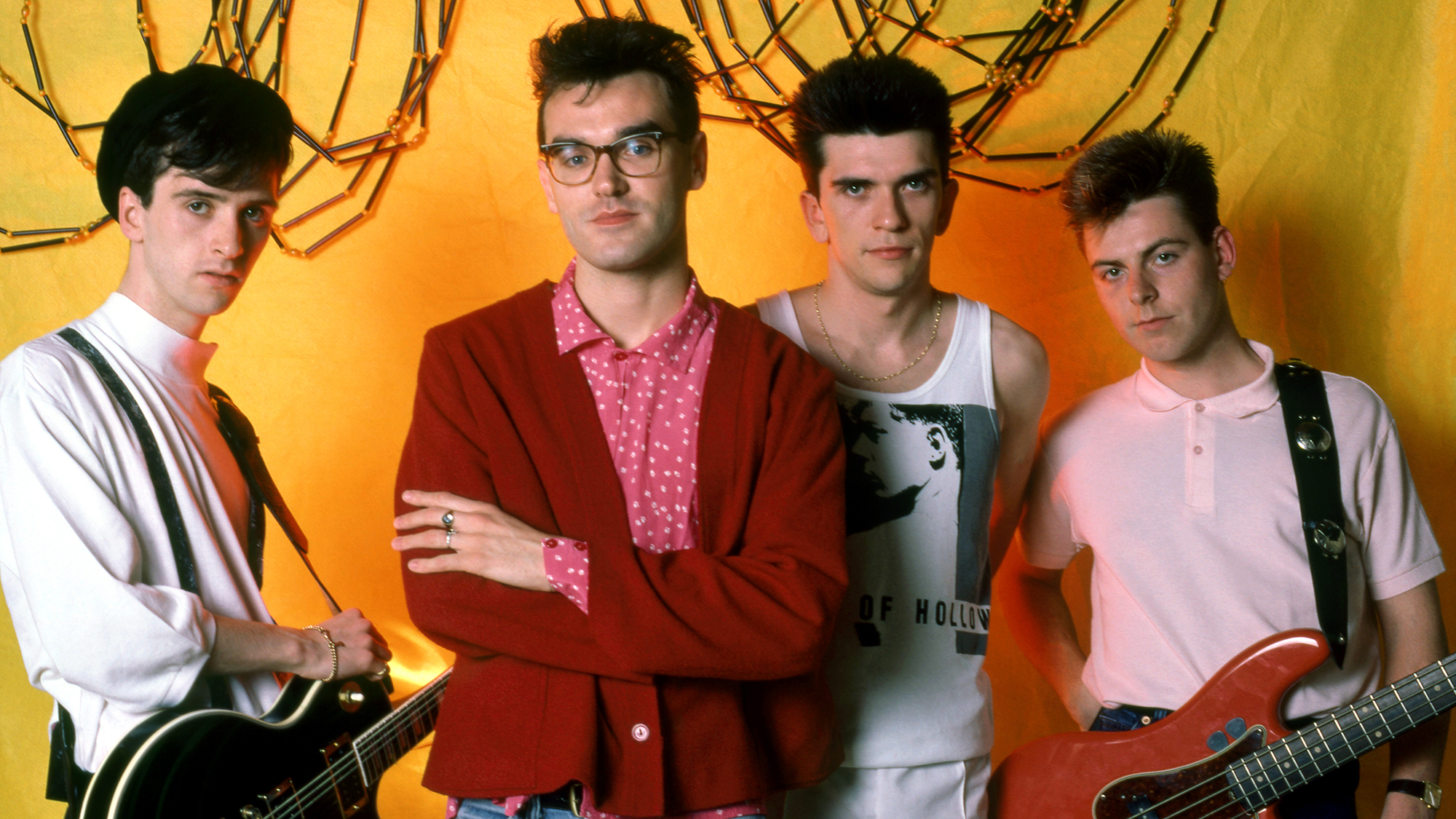 Guitarist Johnny Marr, singer Morrissey, drummer Mike Joyce and bassist Andy Rourke of England's the Smiths pose for a portrait before their first show in Detroit during the 1985 Meat Is Murder Tour on June 8, 1985 at the Royal Oak Music Theatre in Royal Oak, Michigan.