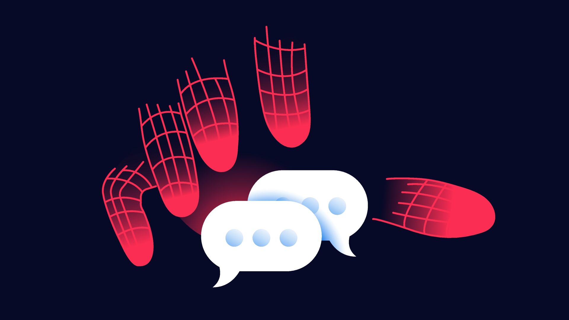 Red glowing hand going to grab text bubbles. Hacking, surveillance, censorship concept. 