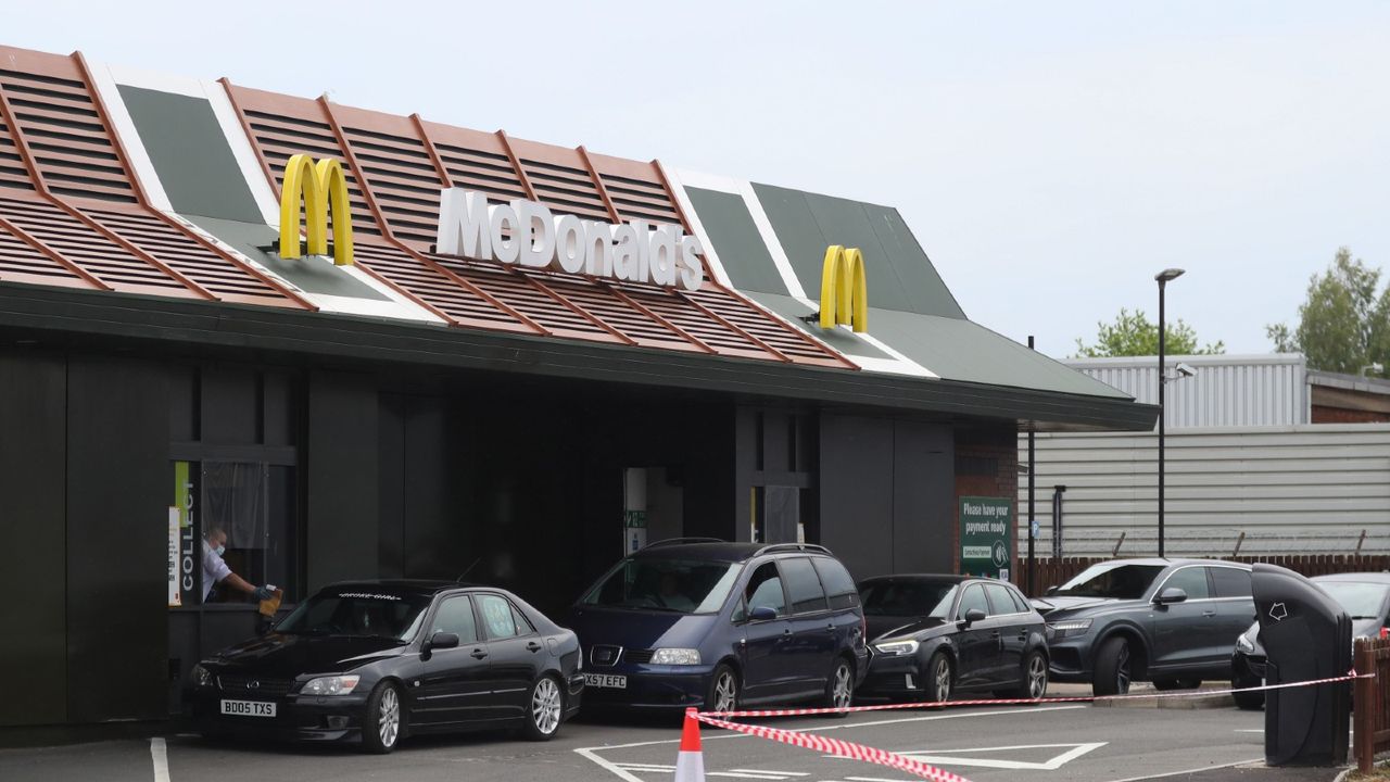 queue at a drive thru McDonald&#039;s after it resumes trading on June 03, 2020 in Aylesbury, United Kingdom