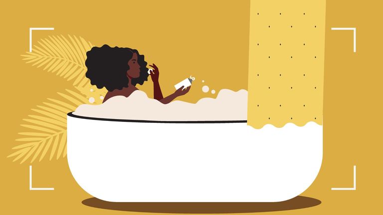Illustration of a woman in the bath with a bottle of shampoo in her hand ,wondering is sulfate bad for your hair 