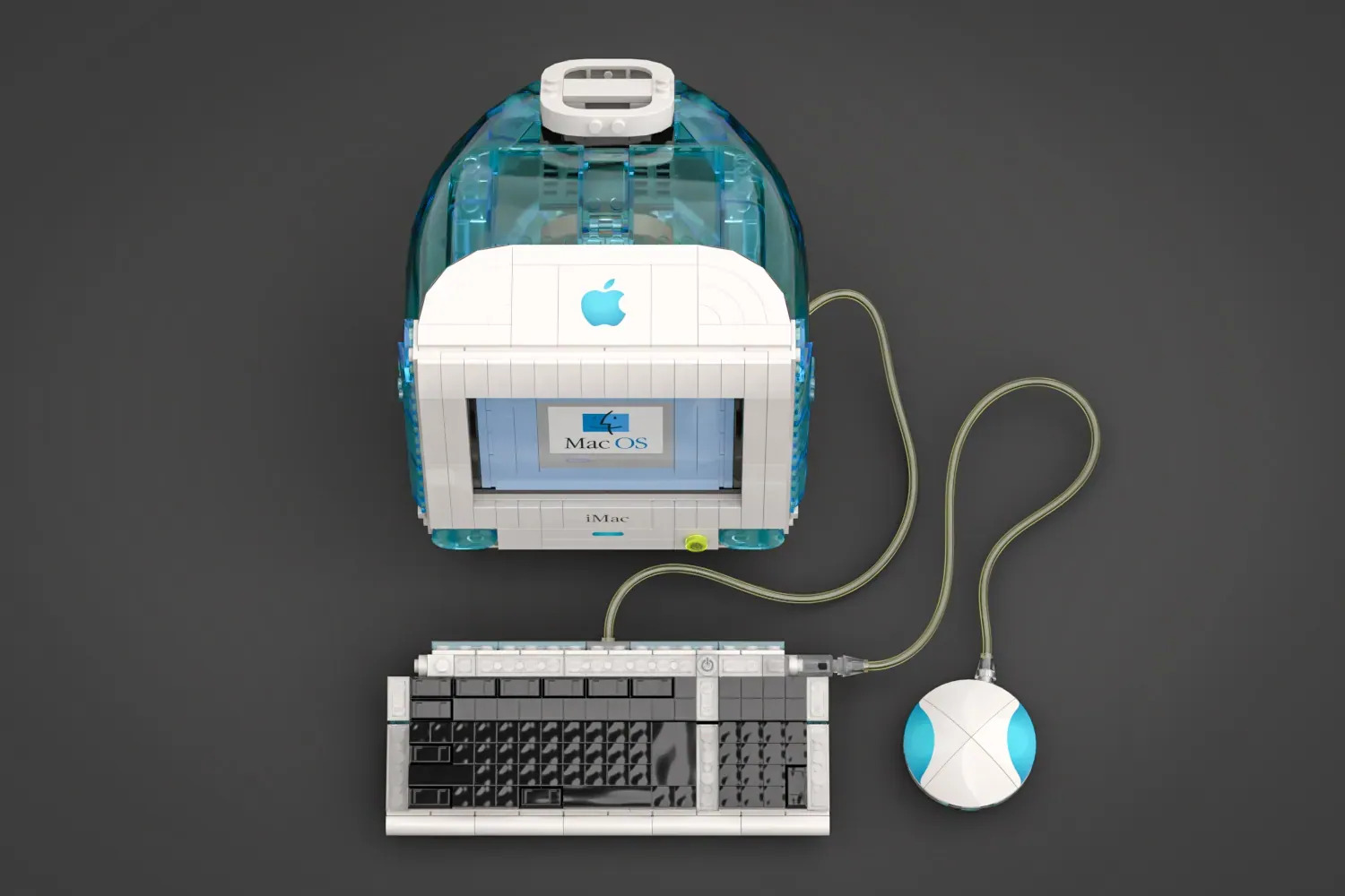 A render of a Lego Apple iMac G3