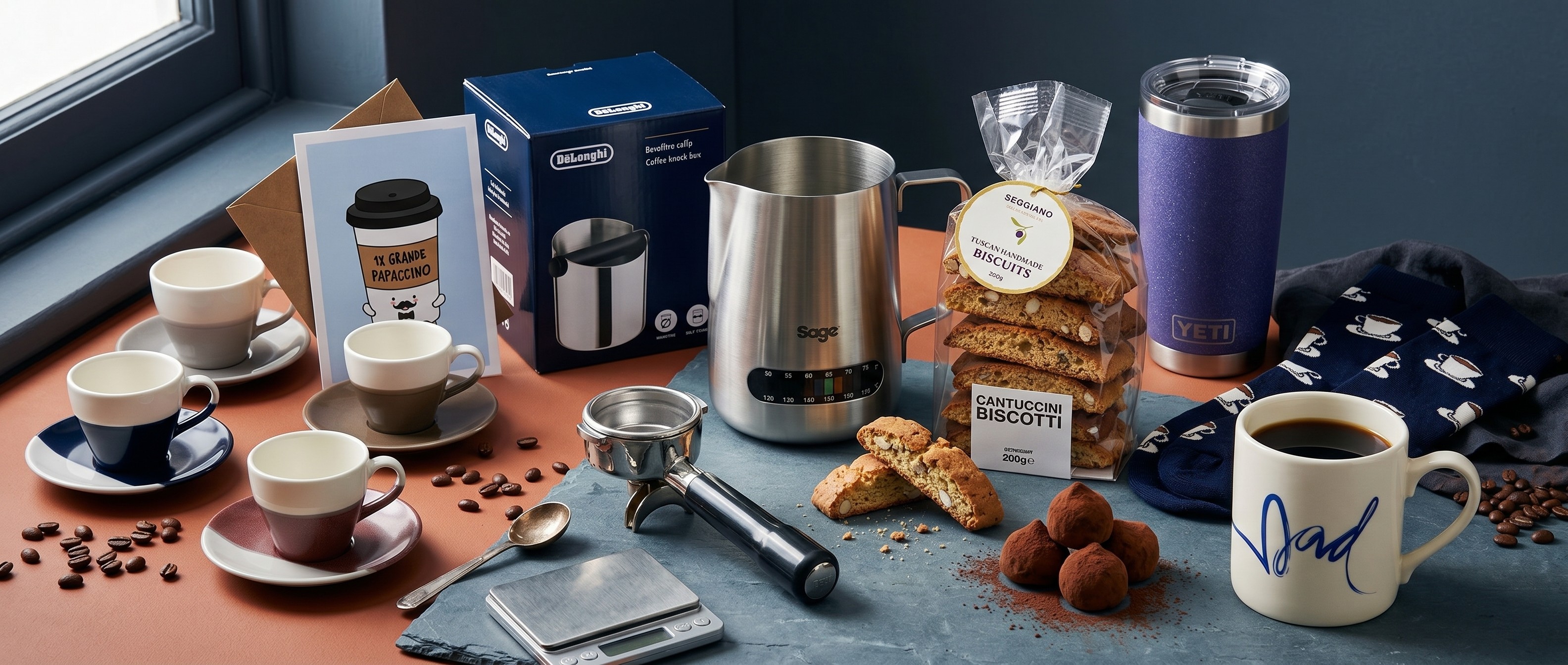 Collection of coffee accessories and Father's Day card on wooden counter