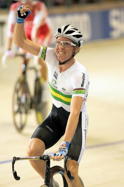 Australia's Cameron Meyer celebrates victory in the men's points race.