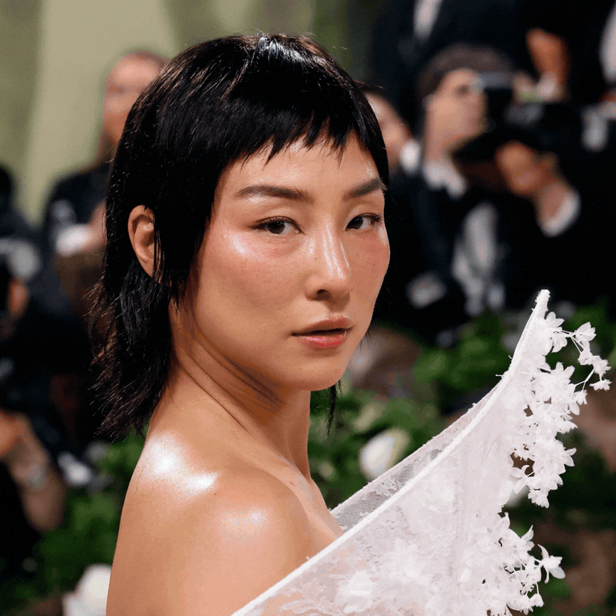 Photo collage of Rihanna, Greta Lee, and Dakota Johnson with different haircuts 