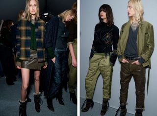 Two Photos each featuring two Models wearing the next generation cargo pant, low-slung cropped leather trouser with roomy hips and Marant's microscopic skirts.