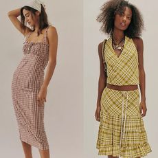 models wear free people clothing. one wears gingham dress and the other wears a plaid skirt set. 