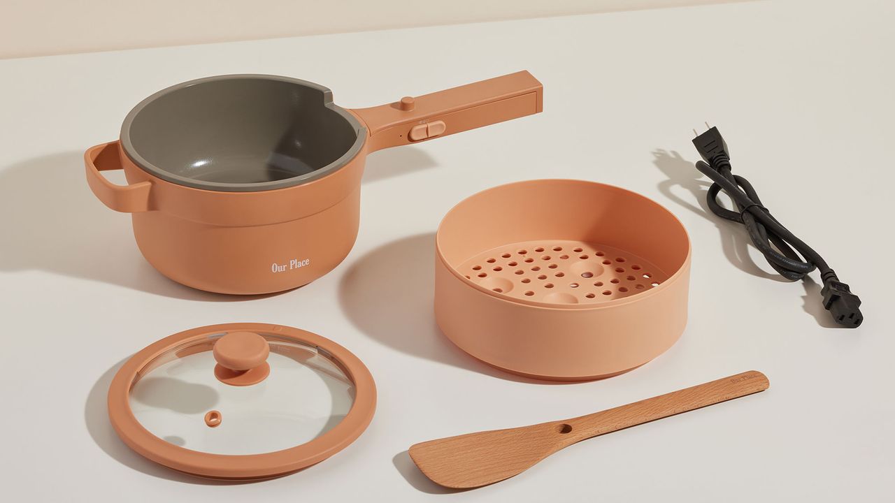 Our Place Perfect Power Pot in Spice colorway, showing individual parts
