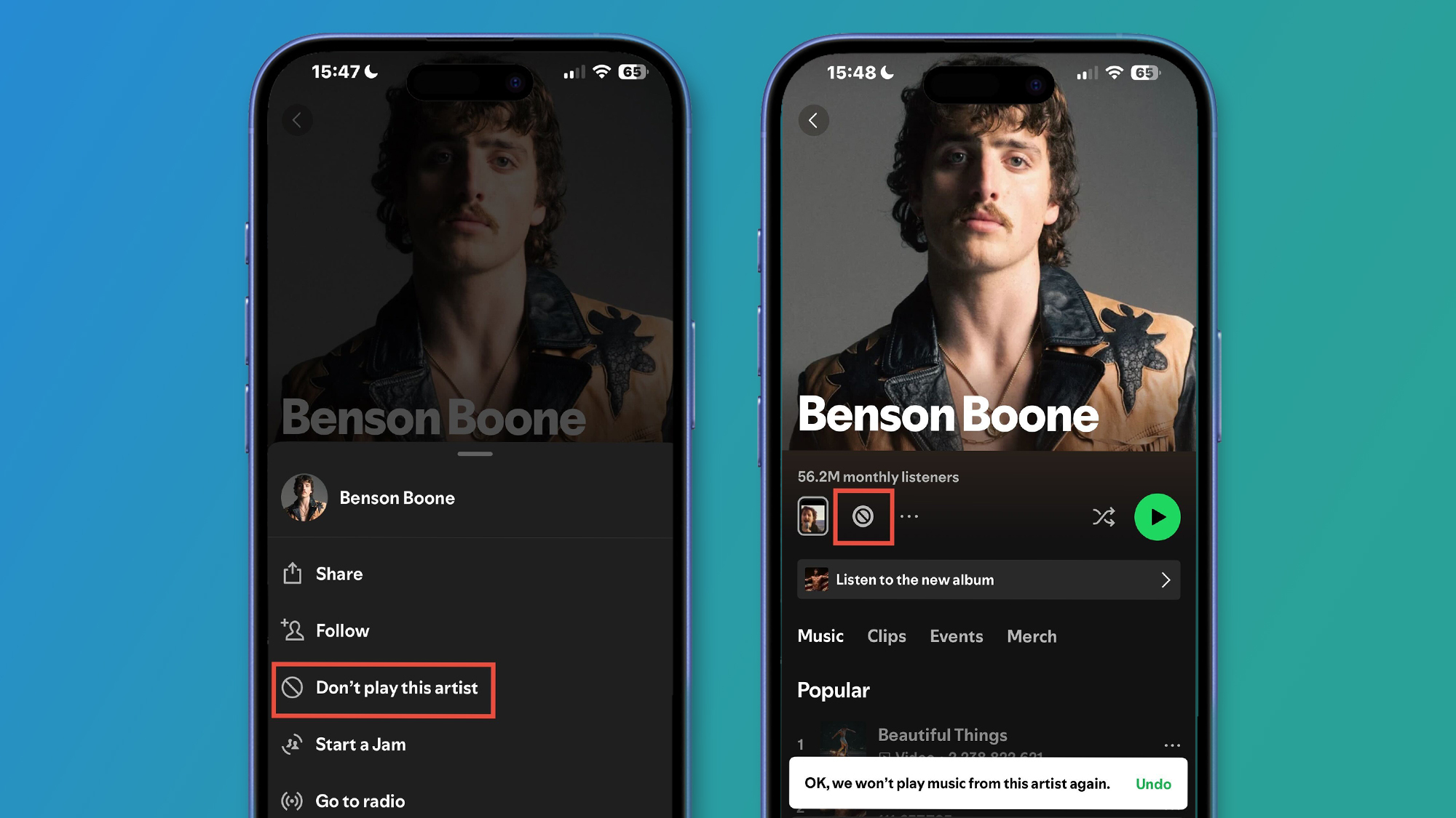 A screenshot of how to block an artist on Spotify