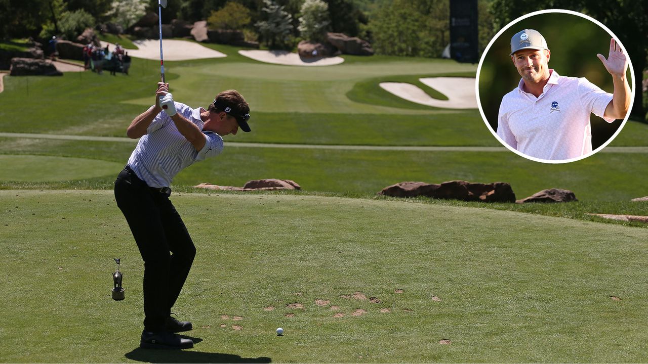 Brad Faxon strikes an iron off the tee whilst Bryson DeChambeau waves to the crowd