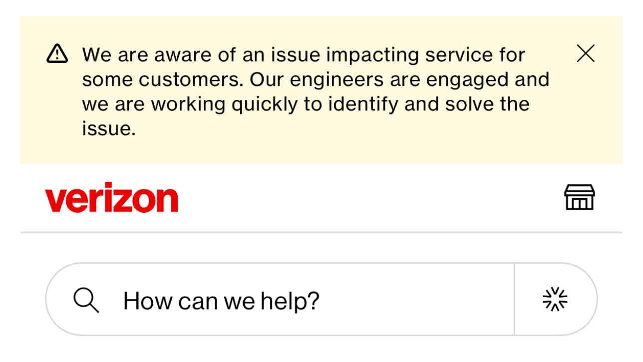 Verizon in-app outage notice.