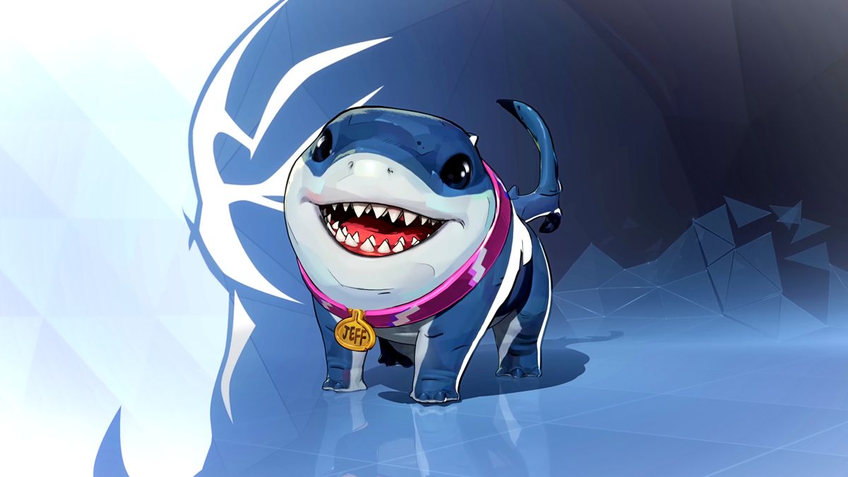 Marvel Rivals character Jeff the Land Shark, a half-dog half-shark animal wearing a pink collar with a gold tag