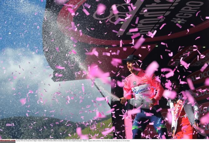 Michael Matthews spraying the crowd with champagne