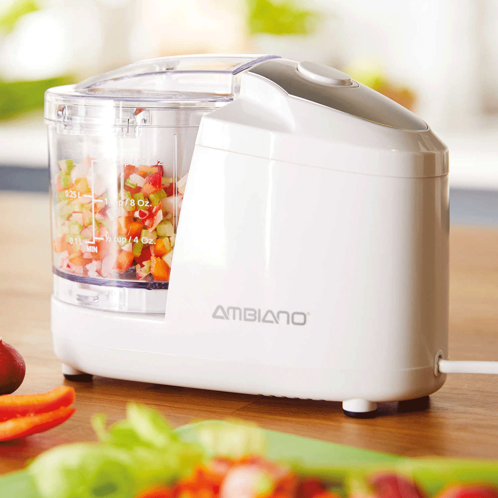 White Aldi mini chopper with chopped fruit in jug