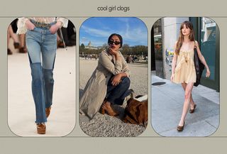 a collage of images featuring celebrities and influencers wearing clogs, including Daisy Edgar-Jones wearing a ruffled Chloé mini dress with brown Chloé clog mules