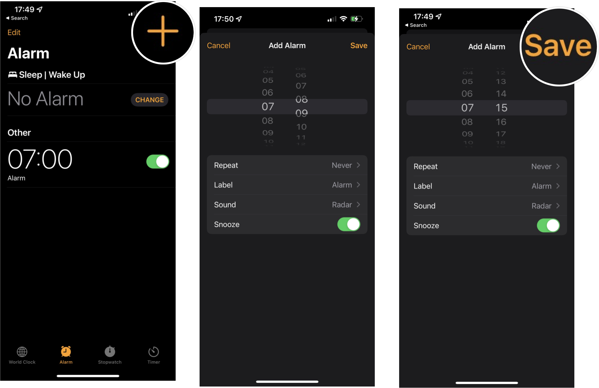 How to set alarms on iPhone or iPad by showing steps: Launch the Clock app, tap on the Alarm tab, tap on the Add button on the top right corner of your screen. Swipe up and down on the picker to select the time and then tap on Save
