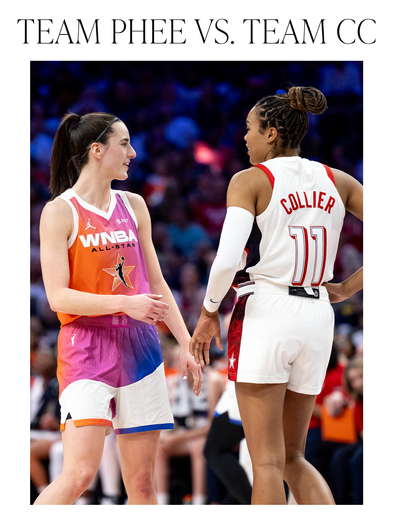 A photo of Caitlin Clark and Napheesa Collier on the court at the 2024 All-Star Game with the words "TEAM PHEE VS. TEAM CC" on top.