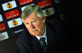 Sir Alex Ferguson attends a press conference ahead of a UEFA Europa League Round of 16 football match against Athletic Bilbao.