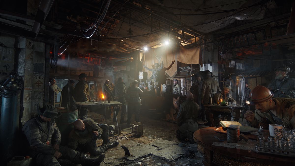 Artwork from Metro 2039 showing the inside of a settlement with lots of people gathering around a performance and in a pub-like setting.