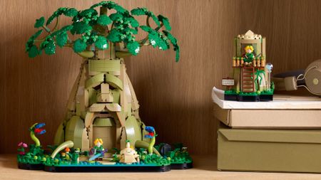 Lego Great Deku Tree on a wooden shelf