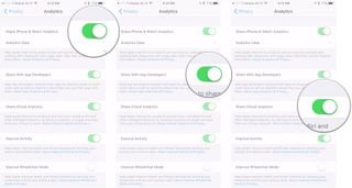 Flip switches for Share iPhone analytics, share with devs, share iCloud