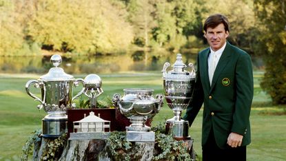 Nick Faldo with the trophies he won in 1989