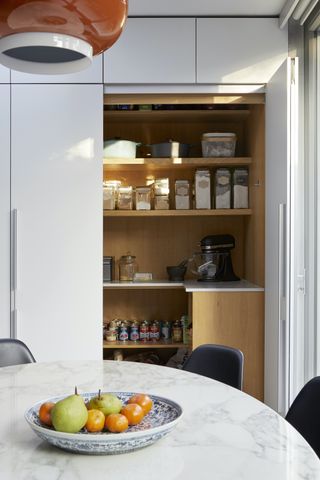open pantry cupboard with labelled storage inside