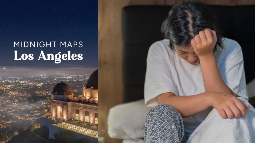 On the left, the cover photo for the Calm Sleep Story 'Midnight Maps: Los Angeles', showing the LA landscape at night from Griffiths Observatory. On the right, a woman sits on the edge of her bed at night with her head in her hand, experiencing sleep anxiety (Getty)