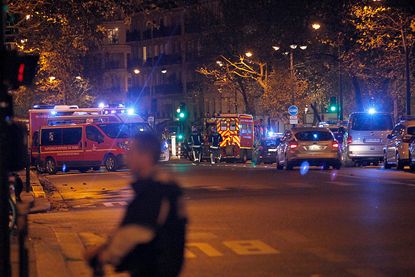 Police around Boulevard Baumarchais following an attack in Paris on November 13.