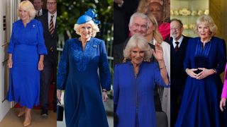 Queen Camilla wearing four different blue tunic style dresses