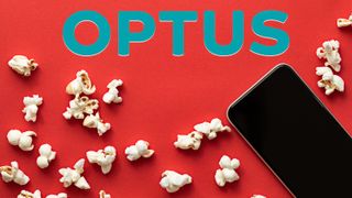 Optus logo over image of red background with popcorn and an iPhone