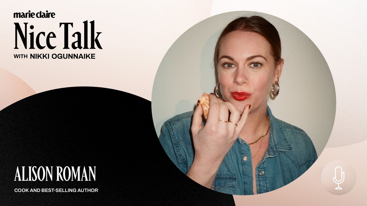 an image of alison roman in red lipstick eating a bite of something with a background featuring treatment for the nice talk podcast