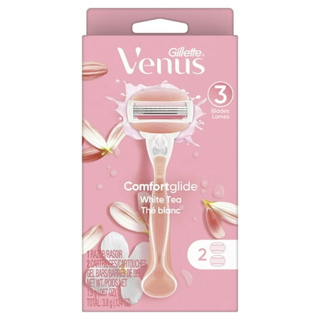 Venus Comfortglide White Tea Razor for Women, 3 Blades, Manual Razor, Handle and 2 Blade Refills, Pink