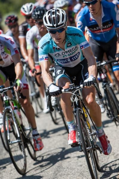 Levi Leipheimer (Omega Pharma-Quickstep) sitting at the front for the first climb.