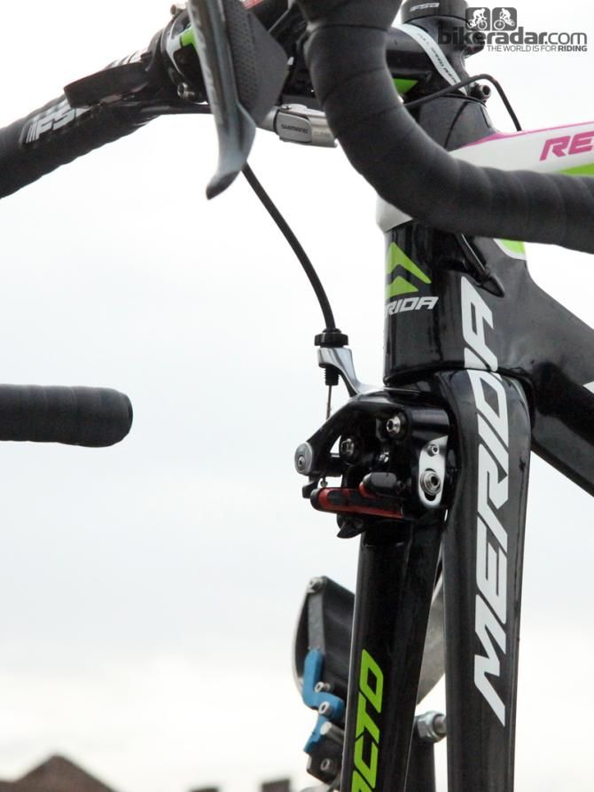 Lampre-Merida's Merida Reacto Evo frames also use direct-mount front brake calipers. An inline quick-release is used for the rear caliper for faster wheel changes