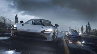 Two cars drive down a road towards the camera in the rain