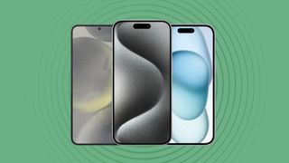 Apple iPhone 15 Pro, iPhone 15, and Samsung Galaxy S24 on green background