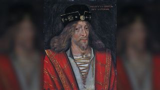Oil painting portrait of King James I of Scotland. He has shoulder-length light brown hair and a shirt pointed beard and moustache. He is wearing a black hair with gold trim and a gold medallion at the front. He is wearing a gray shirt with gold threading at the front, as well as a red jacket with gold detailing.