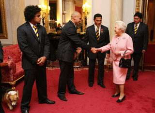 Queen Elizabeth II is introduced to members of the New Zealand Rugby League Team