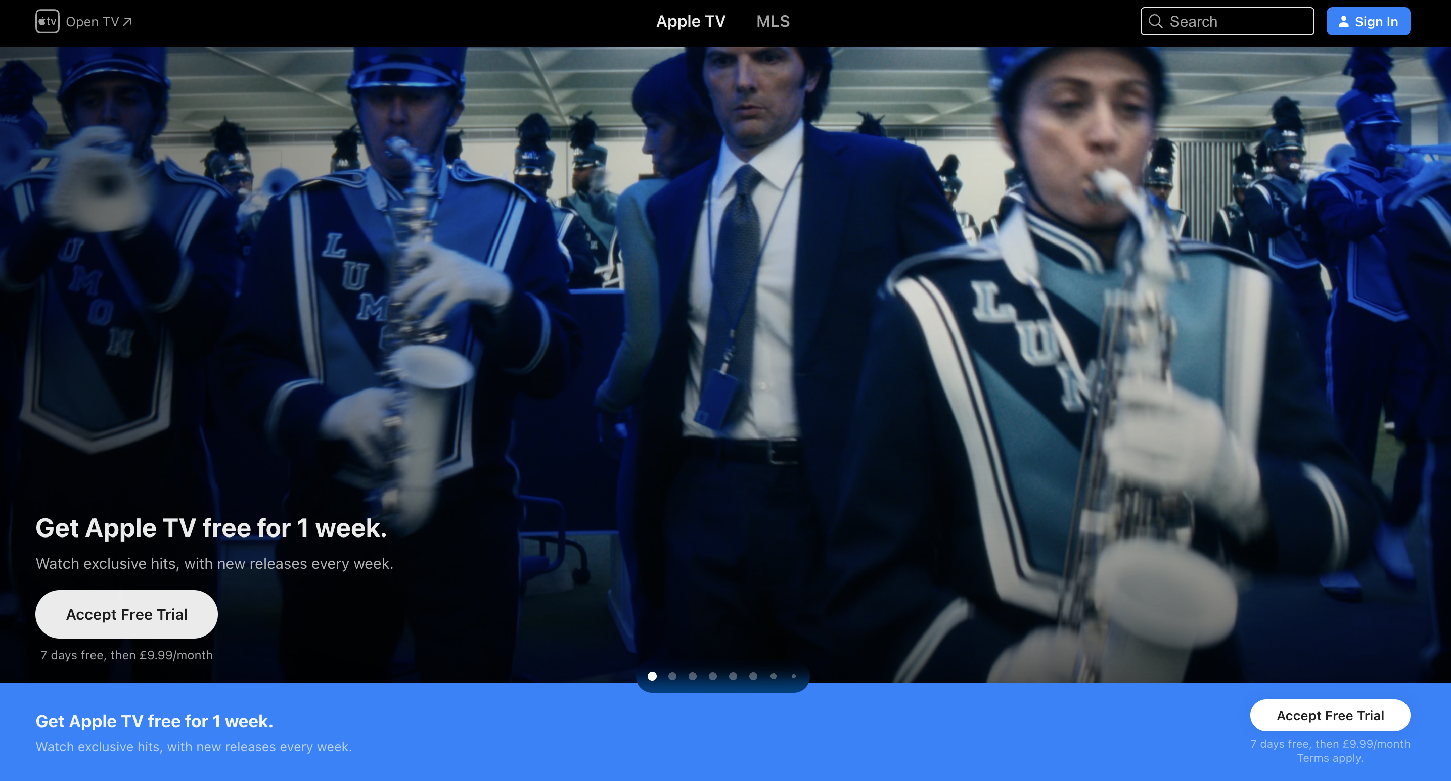 A screenshot of the Apple TV homepage inviting people to accept a one week free trial
