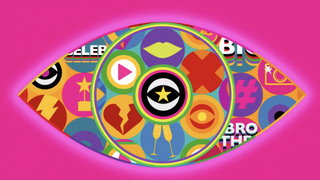 The Celebrity Big Brother UK 2024 eye logo with a star in the middle, overlaid on a pink background